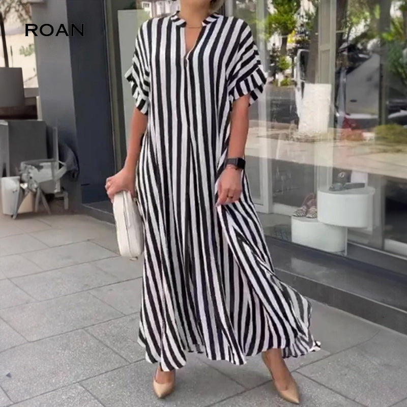 Eleanora | Flowy Striped Print V-neck Shirt Dress