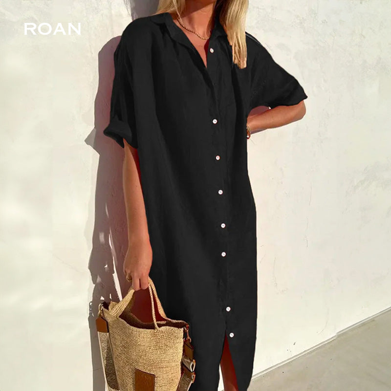 Esmeralda | Elegant Solid Color Cotton Shirt Dress